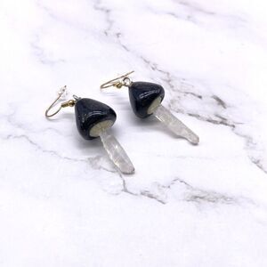 Black Mushroom Quartz Crystal Dangle wire hook earrings